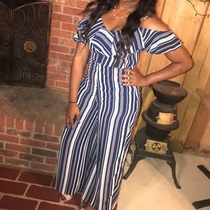 Navy Blue & White Striped Jumpsuit